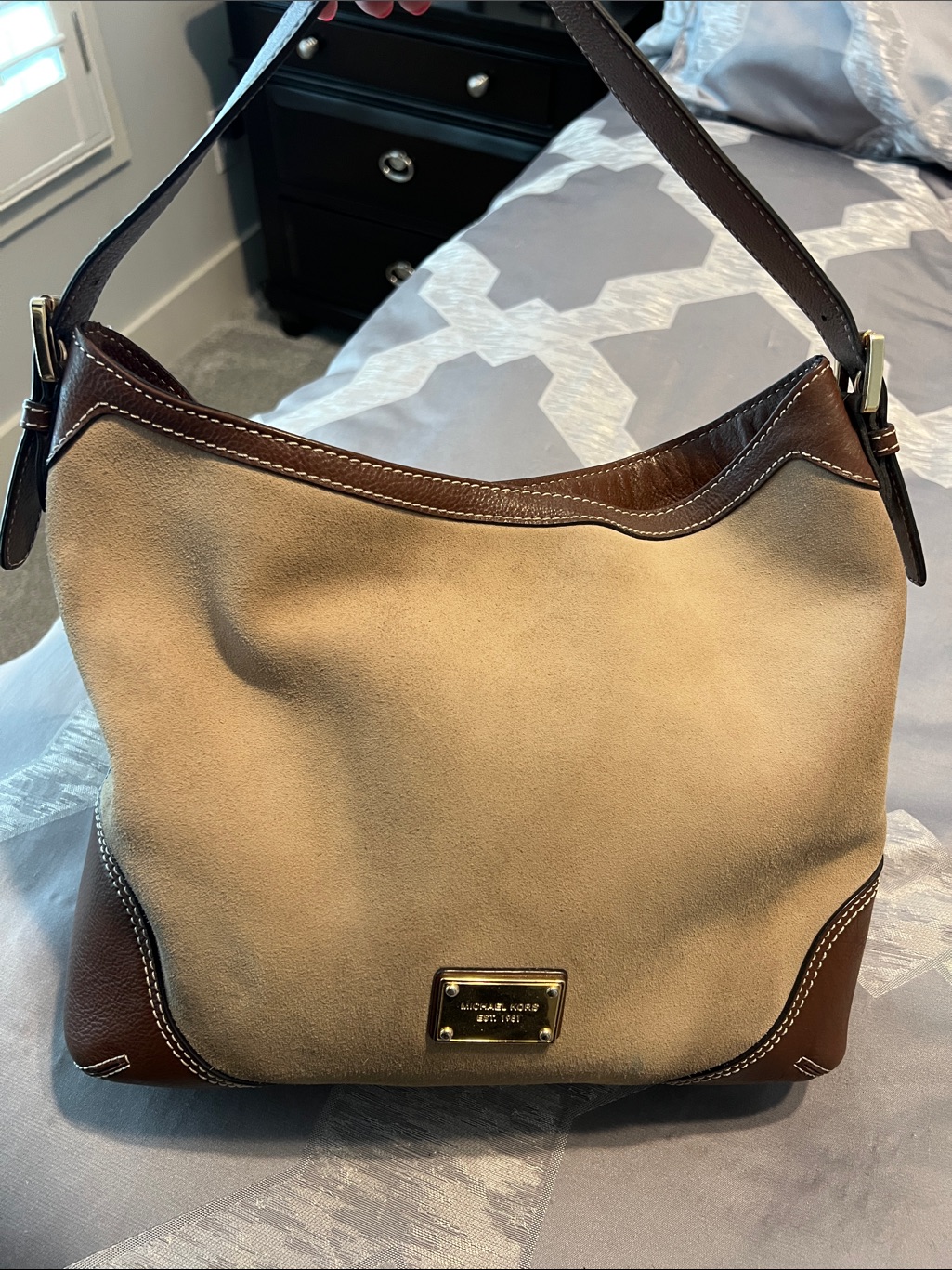 Michael Kors Tan Suede And Brown Leather Hobo Shoulder Bag